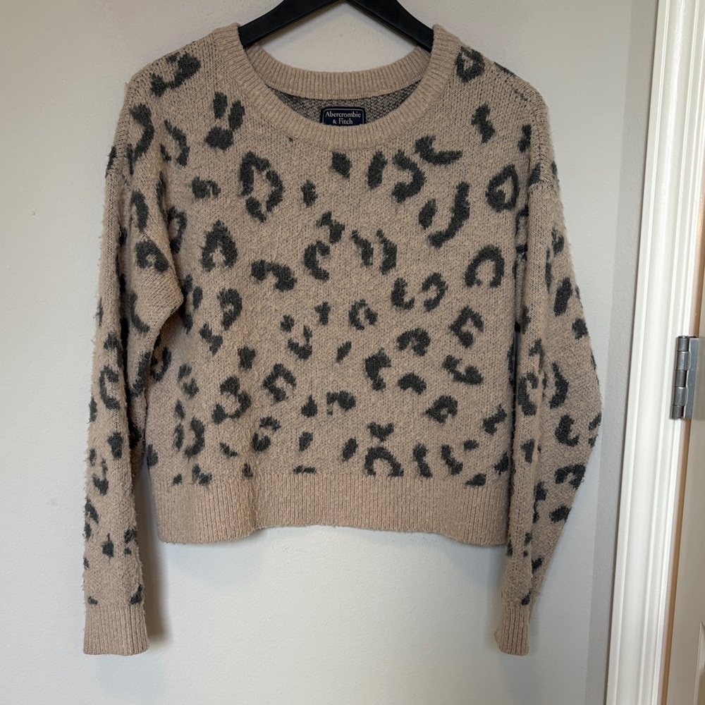 Abercrombie & Fitch Leopard Print Crew Neck Wool Blend Sweater, Hip Length